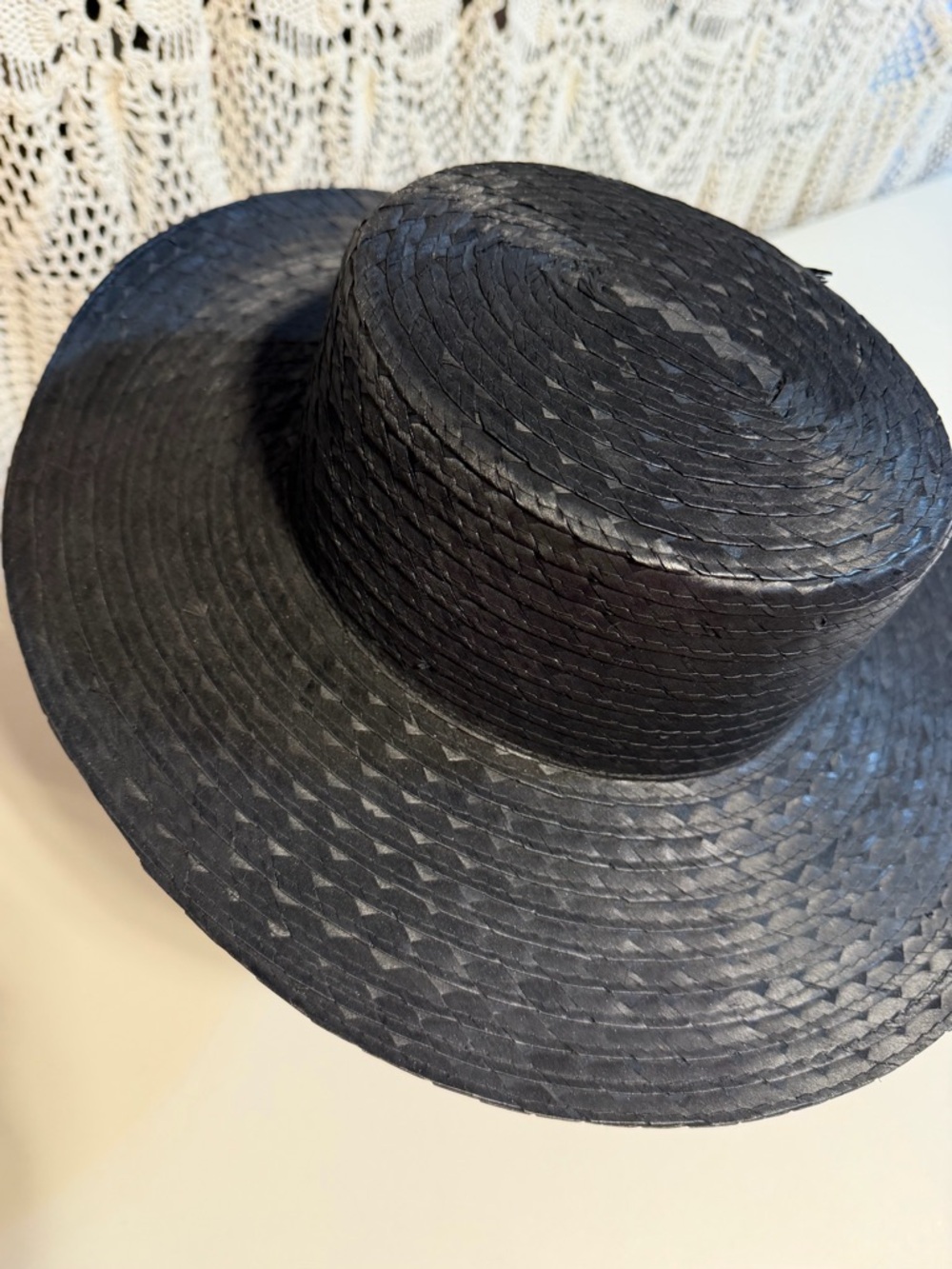 VINTAGE Gibson Girl style black woven straw hat wide brim 50s 60s sun hat church - Picture 2 of 8